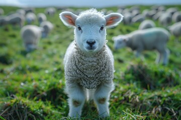 Fototapeta premium A fluffy white lamb with a small bell around its neck, standing in a green pasture with other sheep grazing in the background