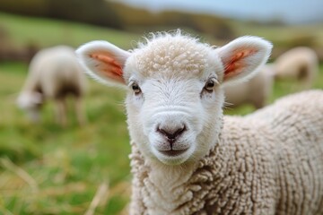Fototapeta premium A fluffy white lamb with a small bell around its neck, standing in a green pasture with other sheep grazing in the background