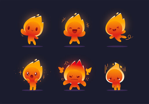 set of cute cartoon fire element character mascot collection	