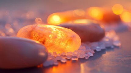 Close-up of glowing Himalayan salt stones and pebbles on rock salt, creating a warm and tranquil ambiance perfect for relaxation.