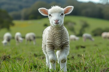 Obraz premium A fluffy white lamb with a small bell around its neck, standing in a green pasture with other sheep grazing in the background