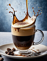 Aromatic coffee splash and splatter in a glass
