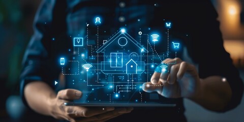 Fototapeta premium Businessman Using Tablet with Digital Network Interface for Analyzing Smart Home IoT Technology and 5G Network Growth on a Blue Background for High-Resolution AI-Generated Wallpaper