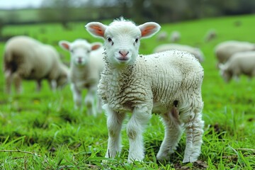 Obraz premium A fluffy white lamb with a small bell around its neck, standing in a green pasture with other sheep grazing in the background