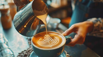 A barista making latte art in a chic coffee shop, the focus on the intricate design being created in the cup