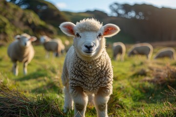 Obraz premium A fluffy white lamb with a small bell around its neck, standing in a green pasture with other sheep grazing in the background