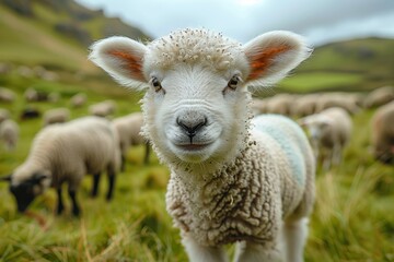 Obraz premium A fluffy white lamb with a small bell around its neck, standing in a green pasture with other sheep grazing in the background
