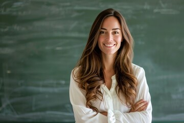 A woman is smiling and standing in front of a chalkboard with equations on it