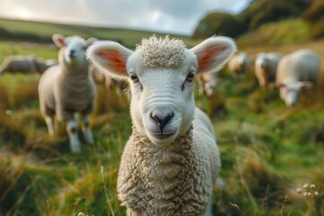 Obraz premium A fluffy white lamb with a small bell around its neck, standing in a green pasture with other sheep grazing in the background