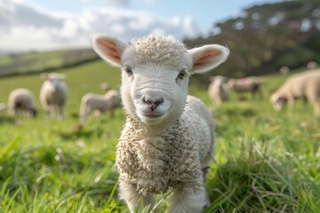 Fototapeta premium A fluffy white lamb with a small bell around its neck, standing in a green pasture with other sheep grazing in the background