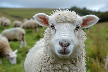 Fototapeta premium A fluffy white lamb with a small bell around its neck, standing in a green pasture with other sheep grazing in the background