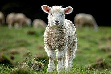 Fototapeta premium A fluffy white lamb with a small bell around its neck, standing in a green pasture with other sheep grazing in the background