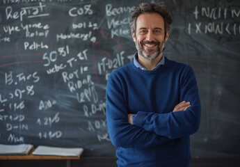 A man is smiling in front of a blackboard with mathematical equations on it