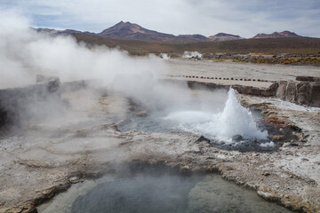 San Pedro de Atacama, Chile - Dec 2, 2023: Early morning at the volcanic El Tatio Geysers in the Atacama Desert