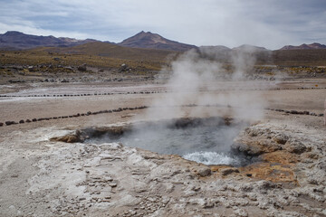 San Pedro de Atacama, Chile - Dec 2, 2023: Early morning at the volcanic El Tatio Geysers in the Atacama Desert