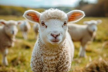 Obraz premium A fluffy white lamb with a small bell around its neck, standing in a green pasture with other sheep grazing in the background