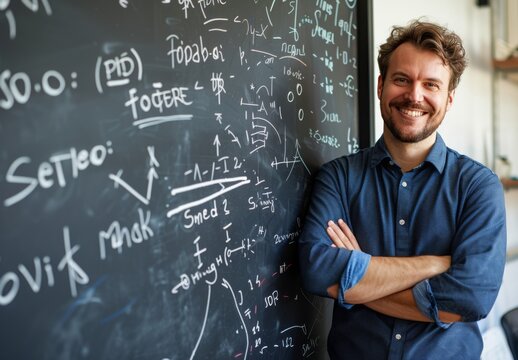 A man is smiling in front of a blackboard with mathematical equations on it