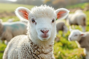 Obraz premium A fluffy white lamb with a small bell around its neck, standing in a green pasture with other sheep grazing in the background