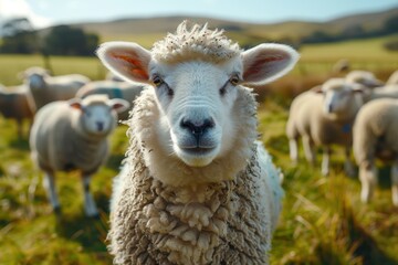 Fototapeta premium A fluffy white lamb with a small bell around its neck, standing in a green pasture with other sheep grazing in the background