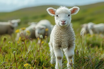 Obraz premium A fluffy white lamb with a small bell around its neck, standing in a green pasture with other sheep grazing in the background