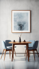 Blue modern dining room interior with a wooden table chairs vase and abstract painting on the wall