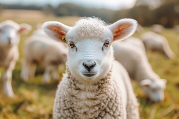 Obraz premium A fluffy white lamb with a small bell around its neck, standing in a green pasture with other sheep grazing in the background