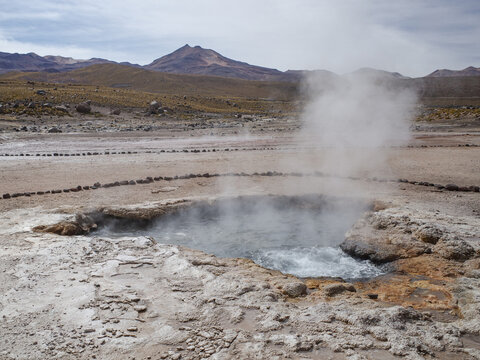 San Pedro de Atacama, Chile - Dec 2, 2023: Early morning at the volcanic El Tatio Geysers in the Atacama Desert