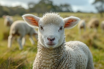 Obraz premium A fluffy white lamb with a small bell around its neck, standing in a green pasture with other sheep grazing in the background
