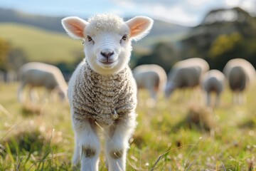 Obraz premium A fluffy white lamb with a small bell around its neck, standing in a green pasture with other sheep grazing in the background