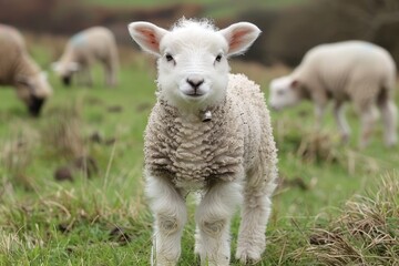 Obraz premium A fluffy white lamb with a small bell around its neck, standing in a green pasture with other sheep grazing in the background