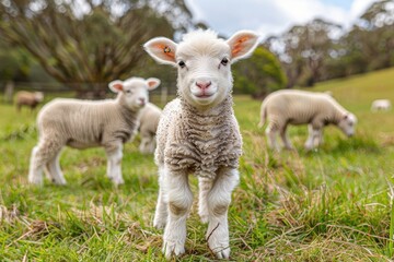 A fluffy white lamb with a small bell around its neck, standing in a green pasture with other sheep grazing in the background