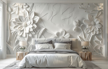 Volumetric stucco giant flowers molding on a concrete wall in light bedroom. 