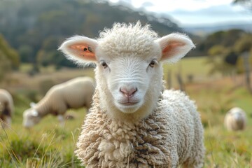 A fluffy white lamb with a small bell around its neck, standing in a green pasture with other sheep grazing in the background