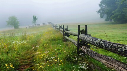 A picturesque countryside setting with a split-rail fence leading into a foggy meadow, the fence weathered and moss-covered, enhancing the rustic appeal