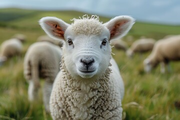 Obraz premium A fluffy white lamb with a small bell around its neck, standing in a green pasture with other sheep grazing in the background