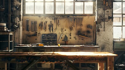 A rustic workshop with tools hanging on a pegboard, a sturdy wooden workbench, and sunlight streaming through dusty windows