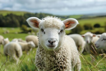 Fototapeta premium A fluffy white lamb with a small bell around its neck, standing in a green pasture with other sheep grazing in the background