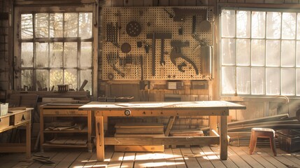 A rustic workshop with tools hanging on a pegboard, a sturdy wooden workbench, and sunlight streaming through dusty windows