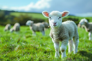 A fluffy white lamb with a small bell around its neck, standing in a green pasture with other sheep grazing in the background