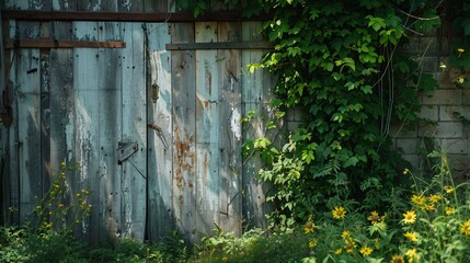 Close up shot of an old wooden barn door with the lush greenery, with peeling paint adding a touch of rustic charm