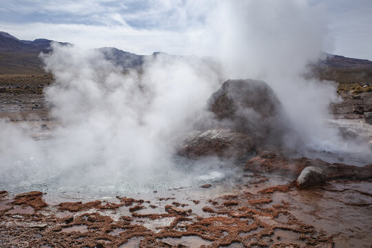 San Pedro de Atacama, Chile - Dec 2, 2023: Early morning at the volcanic El Tatio Geysers in the Atacama Desert