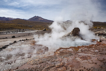 San Pedro de Atacama, Chile - Dec 2, 2023: Early morning at the volcanic El Tatio Geysers in the Atacama Desert