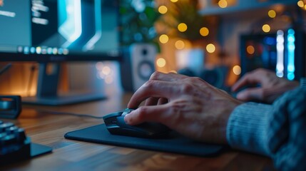 Gamer's hands using a mouse on a wooden table