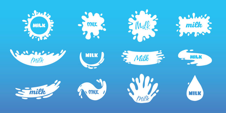 Cow milk splashes with letters. Isolated white fresh farm goat milks splash drop silhouette icon for health dairy organic calcium yogurt food store dairy logo splashing shape vector label collection