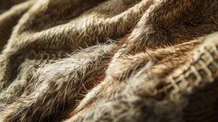 Fototapeta premium Close-up of soft, luxurious faux fur fabric in warm brown tones, showcasing detailed texture for cozy and stylish home decor or fashion.