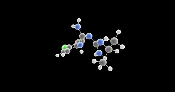 Proguanil molecule, rotating 3D model of chlorguanide, looped video on a black background