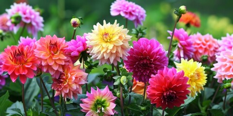 Fototapeta premium Vibrant Symphony: Blooming Dahlias in Full Color for Summer and Spring, Featuring Lush Outdoor Floral Scenery in High-Resolution AI-Generated Wallpaper