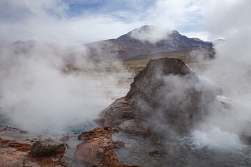 San Pedro de Atacama, Chile - Dec 2, 2023: Early morning at the volcanic El Tatio Geysers in the Atacama Desert