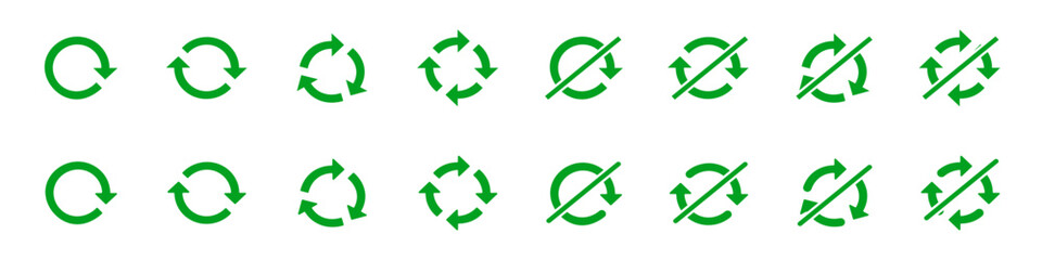 Green circle arrow set icon set. Set of green round reset sign, repeat icon, rotation arrow symbol, vector Illustration on a white background