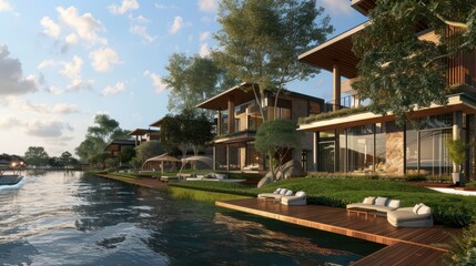 Obraz premium rchitectural plans for a contemporary riverside resort with luxury villas and recreational amenities